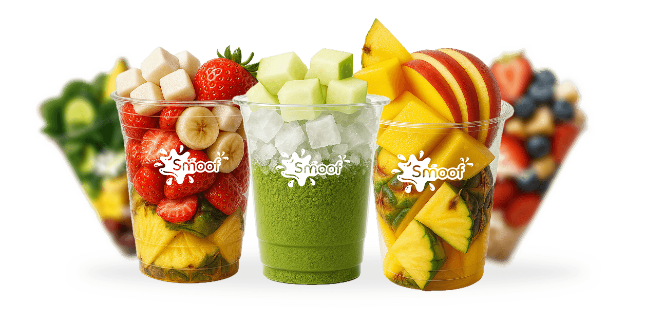 Three Smoof cups filled with frozen fruit