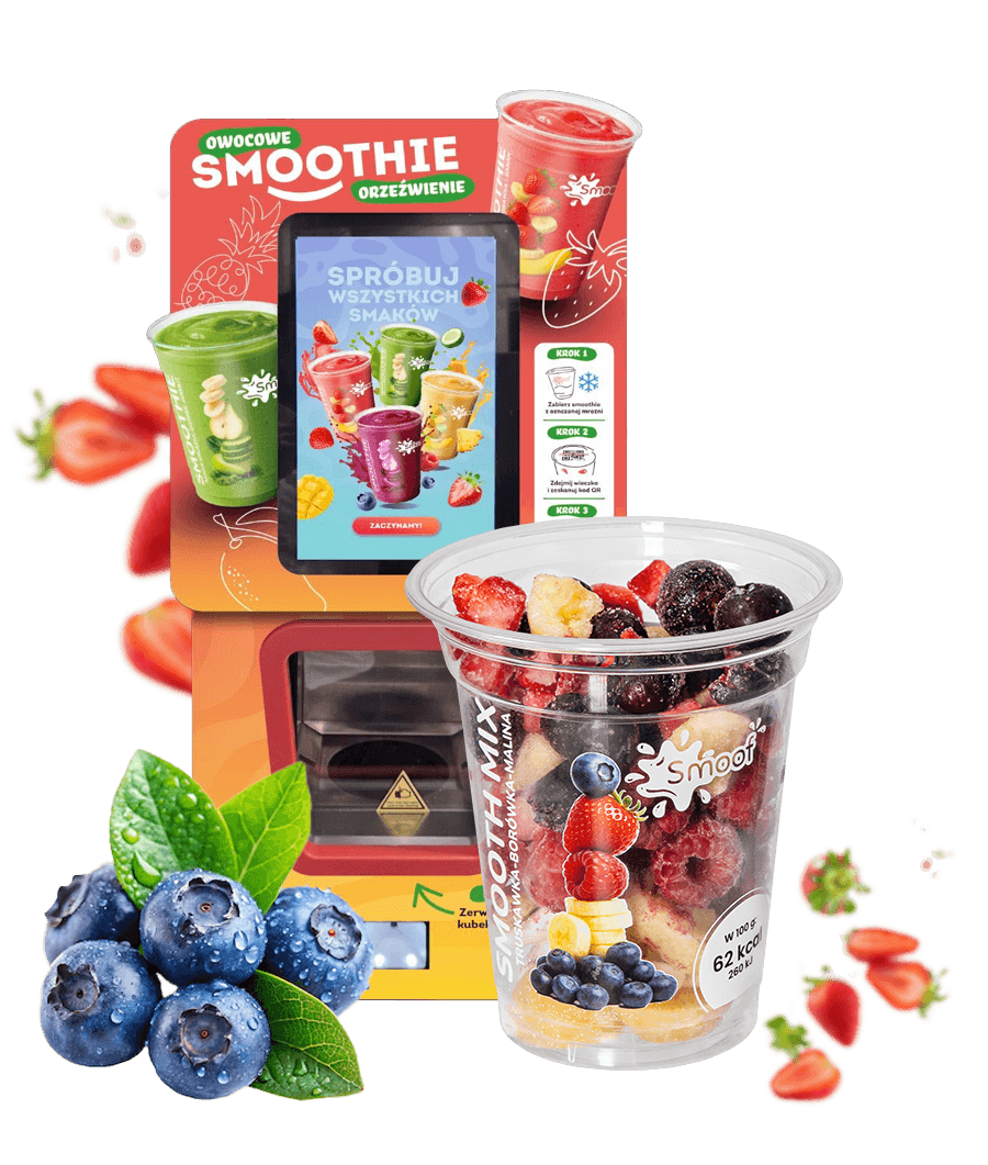 Smoof smoothie machine with a frozen fruit cup